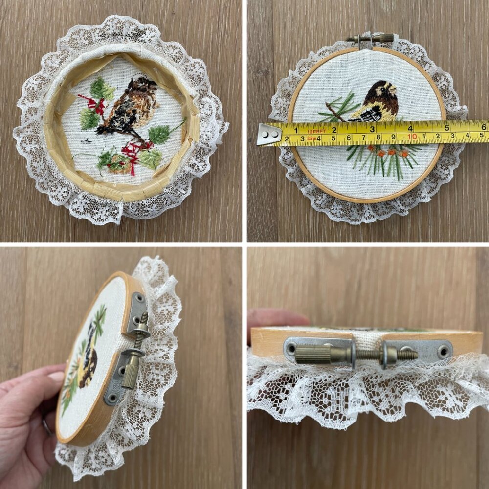 Handmade Birds Embroidery Hoop Art Wall Hanging Lace Needlepoint Sparrow Finch - Picture 12 of 13
